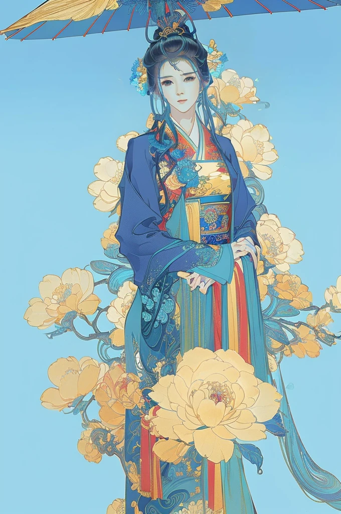 (masterpiece, Top quality, best quality, Official Art, beautiful and aesthetic:1.2), (1纸油umbrella:1.3), Extremely detailed,(Fractal Art:1.2),rich and colorful,The most detailed,(tangled:1.2), (Dynamic poses), (Blue Background:1.5), (Traditional clothing:1.2), (Glowing skin), (Many colors:1.4), umbrella,Han Dynasty culture
