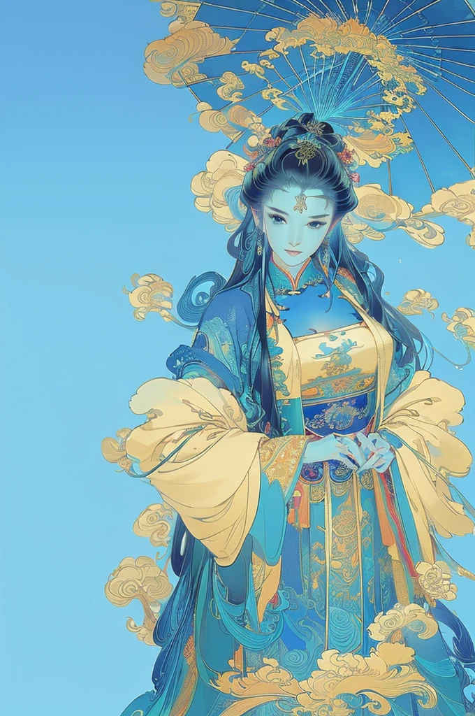 (masterpiece, Top quality, best quality, Official Art, beautiful and aesthetic:1.2), (1纸油umbrella:1.3), Extremely detailed,(Fractal Art:1.2),rich and colorful,The most detailed,(tangled:1.2), (Dynamic poses), (Blue Background:1.5), (Traditional clothing:1.2), (Glowing skin), (Many colors:1.4), umbrella,Han Dynasty culture