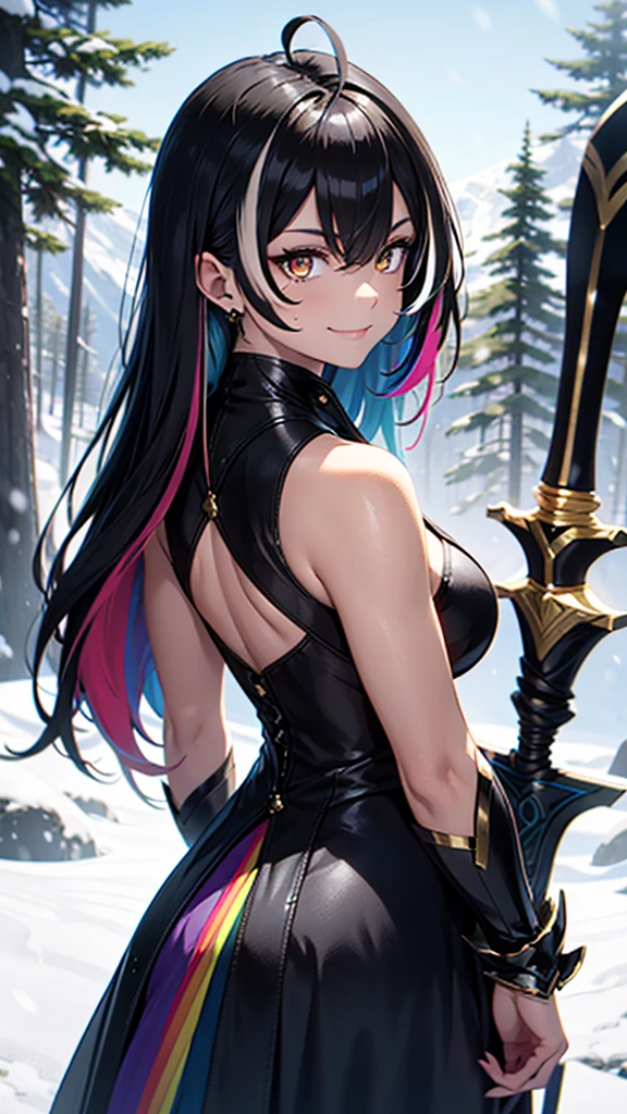 A young demigoddess of destruction, long black hair with rainbow highlights, golden eyes, smug smile, wearing an armored dress, standing atop a snowy mountain with a forest below, a large single black wing sprouting from her back, a battle axe in her hand, slightly narrowed eyes, arrogant expression, tanned skin visible, rainbow hair strands, facing the camera