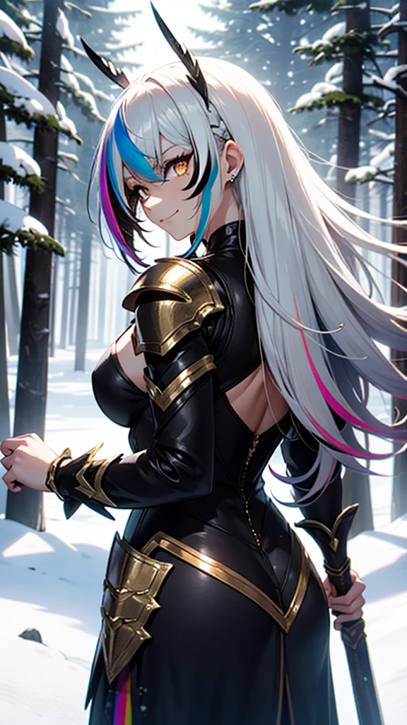 A young demigoddess of destruction, long black hair with rainbow highlights, golden eyes, smug smile, wearing an armored dress, standing atop a snowy mountain with a forest below, a large single black wing sprouting from her back, a battle axe in her hand, slightly narrowed eyes, arrogant expression, tanned skin visible, rainbow hair strands, facing the camera