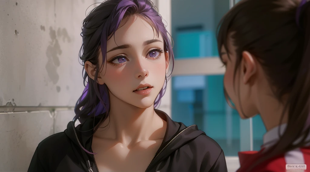 cute 17 year old girl violet hair violet eyes is speaking with haughty pride and pride