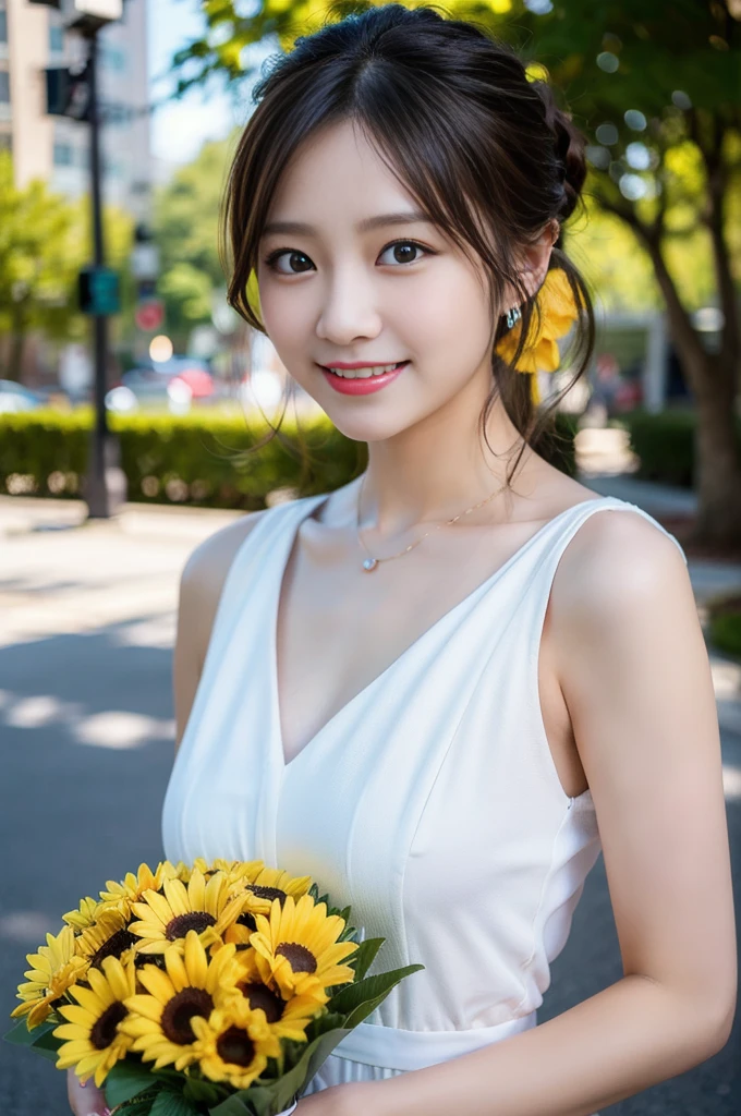 (8K, RAW Photos, Highest quality、masterpiece:1.2), (Realistic、Realistic:1.37), Very detailed, High resolution, 1 girl, Laughter, View your viewers, dress, Beautifully detailed face、(Holding a bouquet:1.3),Beautiful and detailed skin、Skin Texture、Floating Hair、Professional Lighting, noon