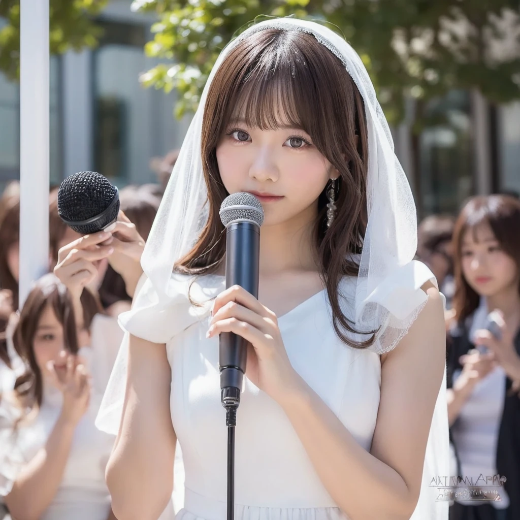 A beautiful young Japanese idol in a white dress and veil holding a microphone. Extremely detailed and realistic portrait, intricate anime cosplay, Instagram model, artcore style, lost in reverie. 8k resolution, Canon EOS R6 photography, background nobody, female body.

