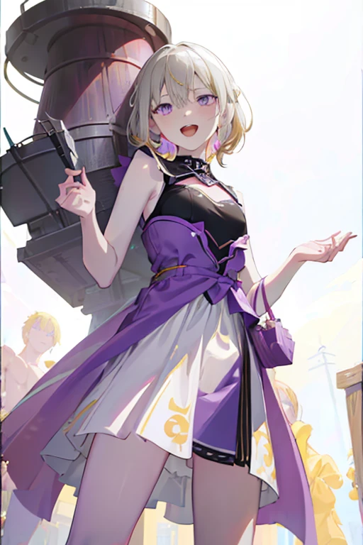 1 girl in, purple color  hair、Purplish pink eyes that dreamers desire, (Blonde hair) , small stature, Colossal tits, Lori, (masutepiece:1.2, Best Quality), (finely detailed beautiful eye: 1.2), (beautifull detailed face), (perky chest:1.1), (pointed chest:1.0), (cakes magazine cover:1.3)，(Best Illumination, extremely delicate and beautiful), sexy pose,make a cocktail , in a bar counter, ((Cinematic Light)), Dramatic light, (Pale white background:1.5), Short bob hair（1:3）、Ultra Contrast、Braid a little around the ears, White long dress、only has 5 fingers、Her pussy is visible through the white thong、Wet pants、You can see inside your underwear、full of sweat、mocking look、diaper、nffsw,Arms crossed、grab the arm、Shoot from below,Best Quality、Large breasts、muscular pussy、Pubic hair,high-level image quality、hightquality、8K,perfect hand、5 fingers、finger pin、Perfect Finger、T back、Naked、noise cut、bullet hand、Her hair color should have been a brighter purple.The skirt part is also carefully expressed..、Purple skirt、the skirt is floating in the wind、Dark purple panties、Pubic hair majority,(with sparkling eyes and a contagious smile),open mouth,from below:1.2, highest quality, high resolution,Real World, Natural light,perfect Natural light, Looking at Viewer,
