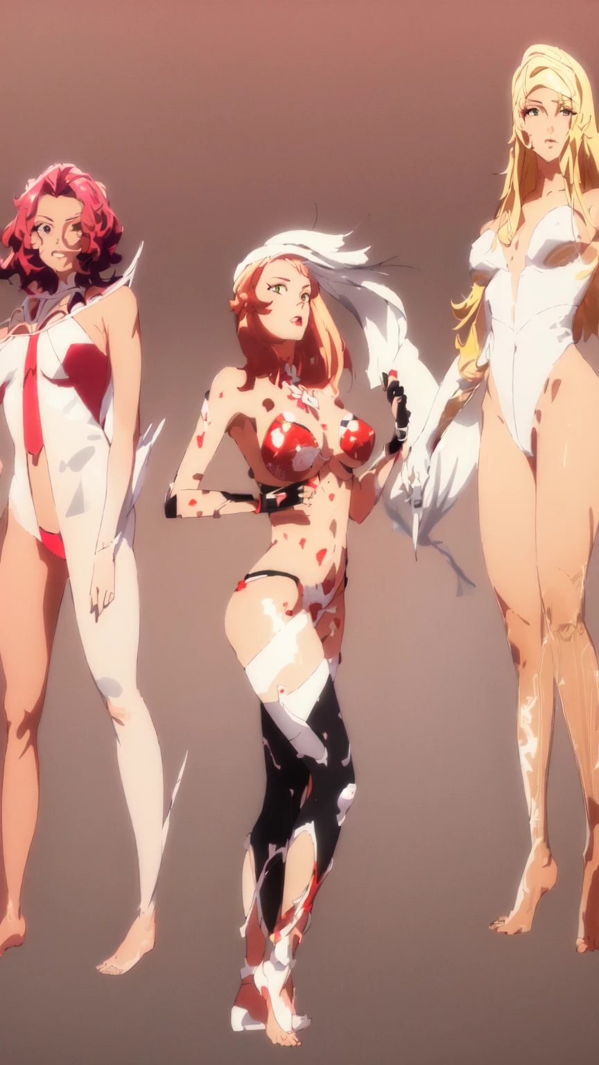 3 women, the girl to the left is dirty blonde wearing a red on top bikini and a yellow sash in the middle with silver metal shoulder gear. she is wearing yellow gloves and slip on shoes with a long stalk coming from the wrist and ankle. the woman in the middle has dark red hair and is tanned, she is otherwise nude but wearing thin gold body jewelry, the woman on the right is very tall and has long bleach blonde hair with pink feathers attached to the bottom of her hair, she has pale skin wearing a white one peace bathing suit with red piping, long forearms hands and nails. she has pink feathers glued to her forearms and shins, her hands are extra large and she is tippy toeing. there is no background, white backdrop, no shadow on floor.