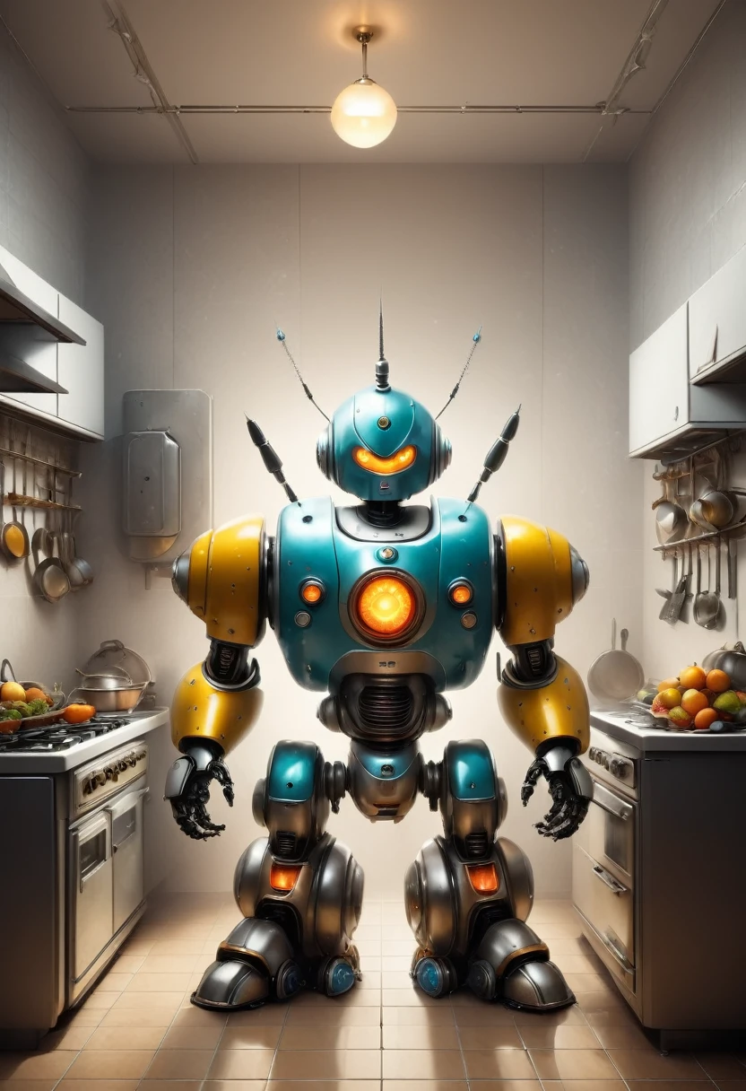 (masterpiece, top quality, Very detailed, 8k wallpaper, realistic), conceptual art, Tin Anthropomorphic Robot Toy., monstrous device, bizarre, Menace in the kitchen, manga style, bright,retro,retroな雰囲気