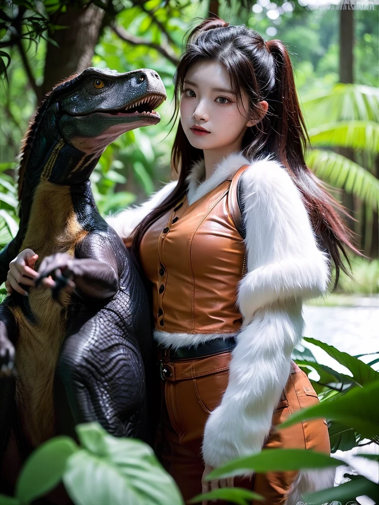 Chica linda como wang yiren, in jurassic park jurassic park with a dinosaur , beautiful fur.