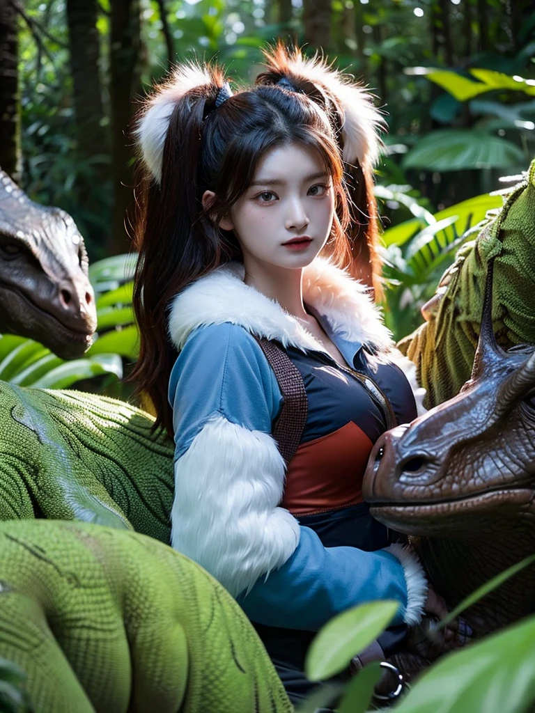 Chica linda como wang yiren, in jurassic park jurassic park with a dinosaur , beautiful fur.