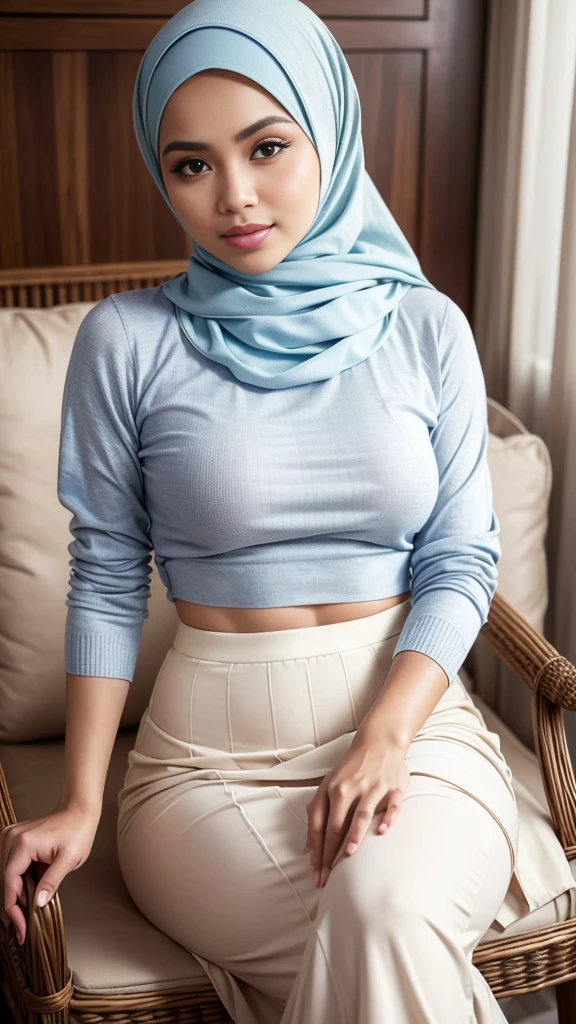 RAW, (Best quality, high resolution, work: 1.3), Beautiful Malay woman in hijab, perfect fit body, ???????????, Beautiful big eyes, Soft smile, beautiful face, slightly open mouth, thick thighs, beautiful ????????, , beautiful big eyes , gentle smile, beautiful girl, detailed face, Muslim woman sitting on a chair in a blue sweater and white skirt, ????, braless, wearing a long flowy fabric, casual pose, wearing casual clothes, very long pleated skirt, wearing casual clothing, white hijab , with a beautiful look Beautiful, perfect lighting, 8k