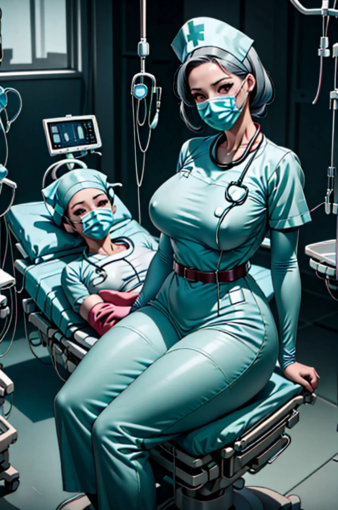 nurse uniform,hospital,  nurse suit,nurses,busty,elbow gloves,labcoat,grey hair woman,red eyes , gigantic ,medical instruments,asian nurse,two nurses,,examination room,oversize ,big ass ,, lay on table ,legs spreaded,giving birth,gyno chair , dentist,,,red uniform,oversize breasts