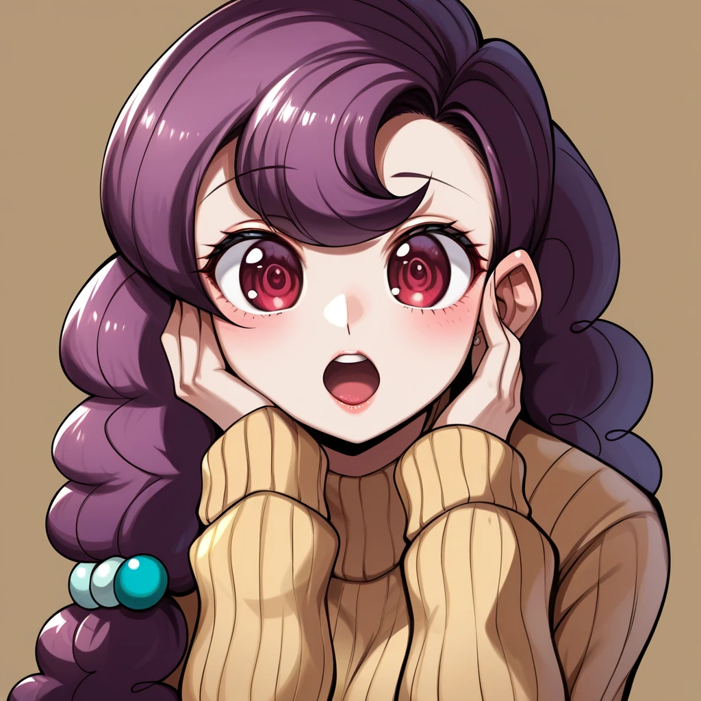 score_6_up, anime, portrait, detail face, large eyes, woman standing, red eyes, medium breasts, sweater, skirt, motherly, cuddling giant dick, sugar belle, detailed face, mesmerizing eyes, high definition eyes, focus on face,  detailed mouth, mesmerizing mouth, high definition mouth, focus on face, best quality, detailed, absurd resolution, absurd detail, intricate details, vibrant colors, ultra-realistic,  open mouth,