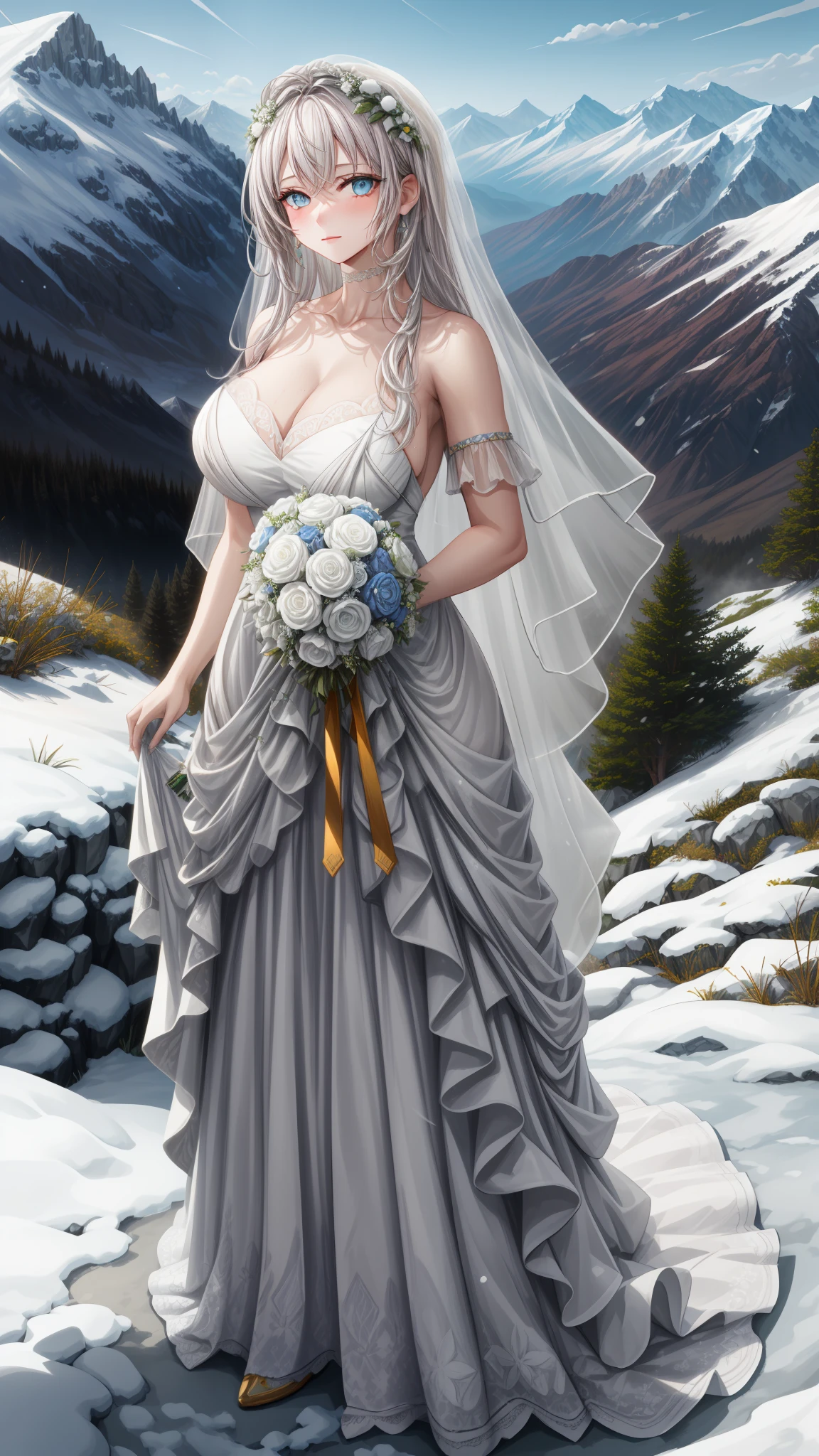 (1girl), (masterpiece), (best quality), ((looking at the viewer)), ((full body)),((facing the viewer)), ((dress that shows off her figure)), ((White hair)), ((beautiful wedding dress))
In a serene alpine setting, atop a snow-capped mountain peak, a young woman stands gracefully. Her hair, as pure and white as freshly fallen snow, cascades down her shoulders in gentle waves. Her eyes, a striking shade of blue reminiscent of deep sapphires, reflect the clear, crisp sky above. She is adorned in an elegant, flowing white gown that flutters lightly in the mountain breeze, accentuating her slender figure. The morning sun bathes her in a soft, golden glow, highlighting the delicate features of her face - a serene expression that mirrors the tranquility of her surroundings. Her gaze is fixed upon the panoramic view of rugged valleys and distant peaks, a scene painted with pristine snow and lush greenery under the vast, unblemished sky.