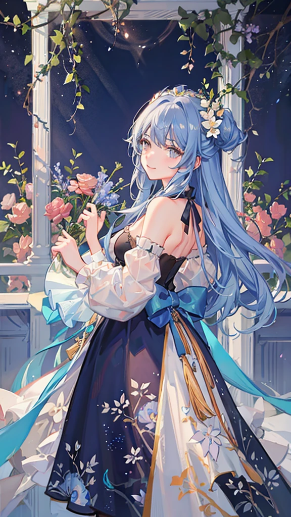 Long hair girl, beautiful, flowers