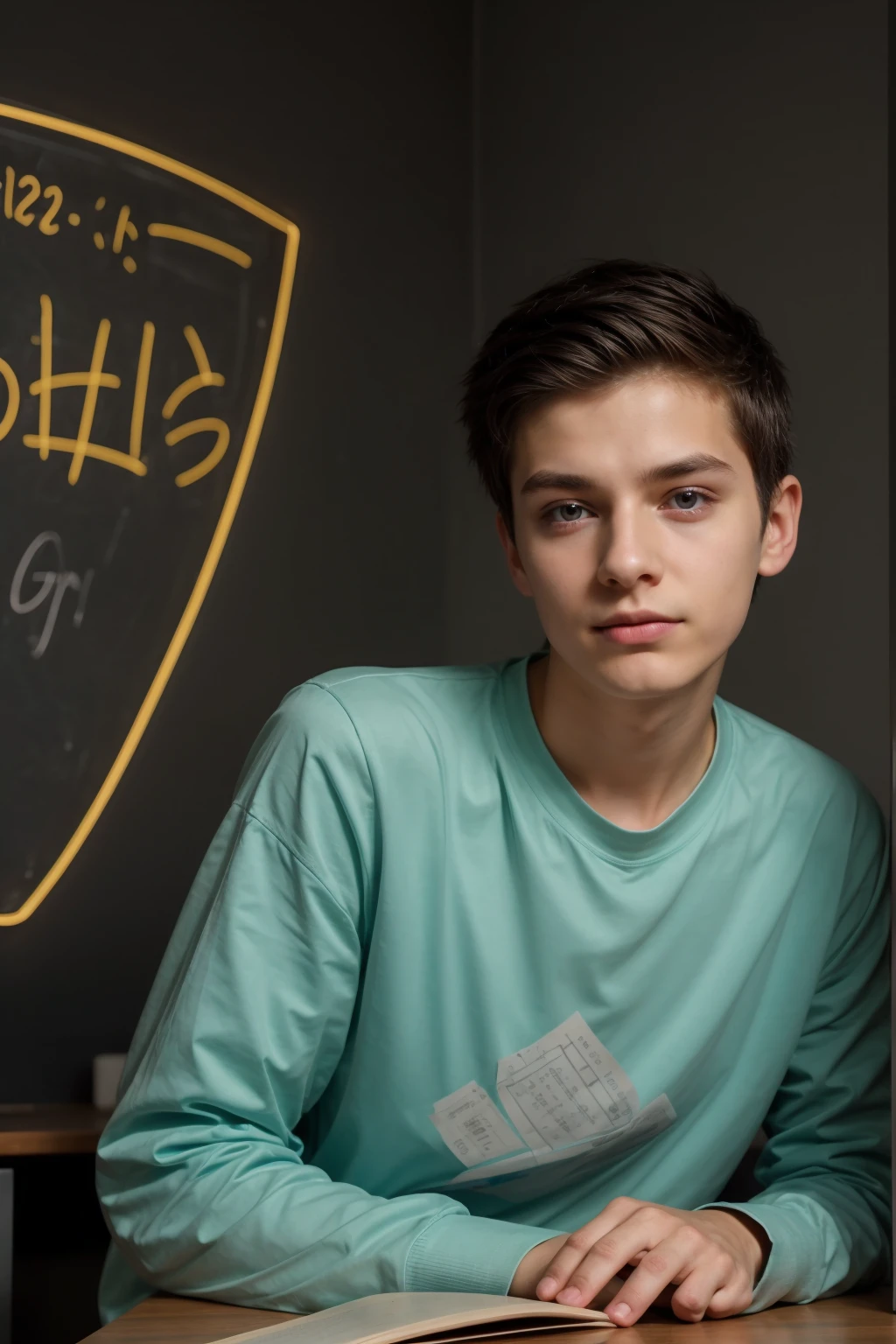 A beautiful young man, a cute twink, male, with dark circles under his eyes. He has black hair and a face with make-up. He is wearing a long-sleeved aquamarine shirt. He is in his office, sitting at a study desk, reading a huge book. Behind him is a blackboard with calculus and mathematical equations written on it. He comes out. Neon energy radiates from the blackboard.