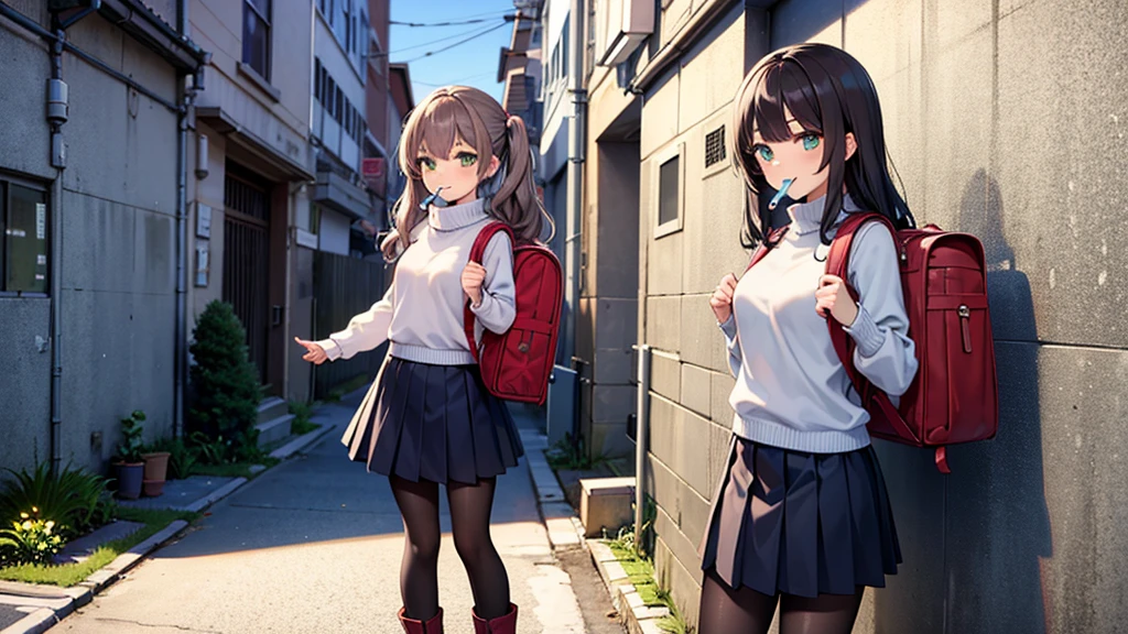 ((Highest quality)), ((masterpiece)), (detailed), Perfect Face, Cute Anime Girl, Long wavy brown hair, she is Are standing Outdoor, She smiles, She is 20 years old, She is wearing a turtleneck sweater, she is wearing a skirt, She is wearing pantyhose, She wears boots, Green Eyes, She is carrying a backpack, (School backpack:1.2), Vibrant colors, masterpiece, Sharp focus, Highest quality, Outdoor, Are standing 、Hold a  in your mouth、A defiant smile、Lifting her skirt, a dark alley、Sit on the air conditioner's outdoor unit