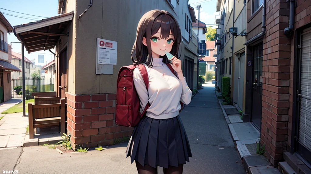 ((Highest quality)), ((masterpiece)), (detailed), Perfect Face, Cute Anime Girl, Long wavy brown hair, she is Are standing Outdoor, She smiles, She is 20 years old, She is wearing a turtleneck sweater, she is wearing a skirt, She is wearing pantyhose, She wears boots, Green Eyes, She is carrying a backpack, (School backpack:1.2), Vibrant colors, masterpiece, Sharp focus, Highest quality, Outdoor, Are standing 、Hold a condom in your mouth、A defiant smile、Lifting her skirt, a dark alley、Sit on the air conditioner's outdoor unit