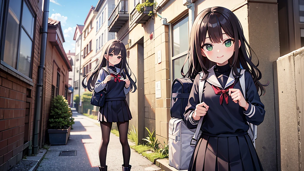 ((Highest quality)), ((masterpiece)), (detailed), Perfect Face, Cute Anime Girl, Long wavy brown hair, she is Are standing Outdoor, She smiles, She is 20 years old, She is wearing a turtleneck sweater, she is wearing a skirt, She is wearing pantyhose, She wears boots, Green Eyes, She is carrying a backpack, (School backpack:1.2), Vibrant colors, masterpiece, Sharp focus, Highest quality, Outdoor, Are standing 、Hold a condom in your mouth、A defiant smile、Lifting her skirt, a dark alley、Sit on the air conditioner&#39;s outdoor unit