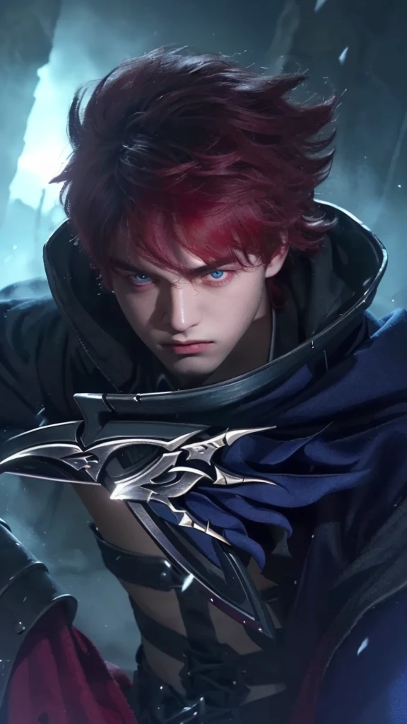 a close up portrait of a young boy with vibrant red hair holding a medieval sword, intense red eyes, sharp facial features, wearing dark robes, mystical glowing energy emanating from his hands, dark moody lighting, fantasy concept art, highly detailed, cinematic, dramatic lighting, moody, realistic, photorealistic, 8k, masterpiece