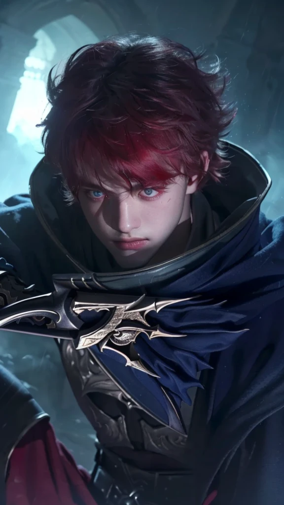 a close up portrait of a young boy with vibrant red hair holding a medieval sword, intense red eyes, sharp  features, wearing dark robes, mystical glowing energy emanating from his hands, dark moody lighting, fantasy concept art, highly detailed, cinematic, dramatic lighting, moody, realistic, photorealistic, 8k, masterpiece