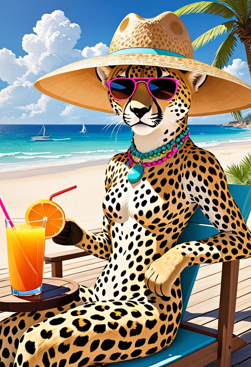 Anthropomorphic cheetah, sunglasses, straw hat, tropical juice, seaside deck, parasol, palm trees, sandy beach,