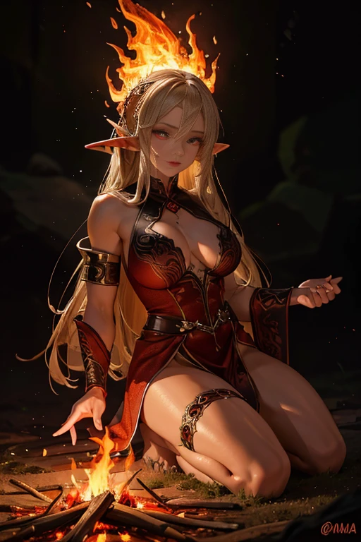8k, Masterpiece, hyperrealistic, a beautiful elf made of fire, dancing on a bonfire in a dark forest. The elf must have a body made of flames, with intricate details and rich textures that highlight her majesty and ethereal beauty. Your expression should be serene and powerful, with glowing eyes that convey wisdom and mystery. The scene should capture the intensity and movement of the fire, with dramatic lighting that highlights the fine details and texture of its flaming skin. The atmosphere of the forest should be gloomy, but with a vibrant contrast due to the glow of the flames. Include details in your clothing and accessories that add a touch of fantasy and realism.