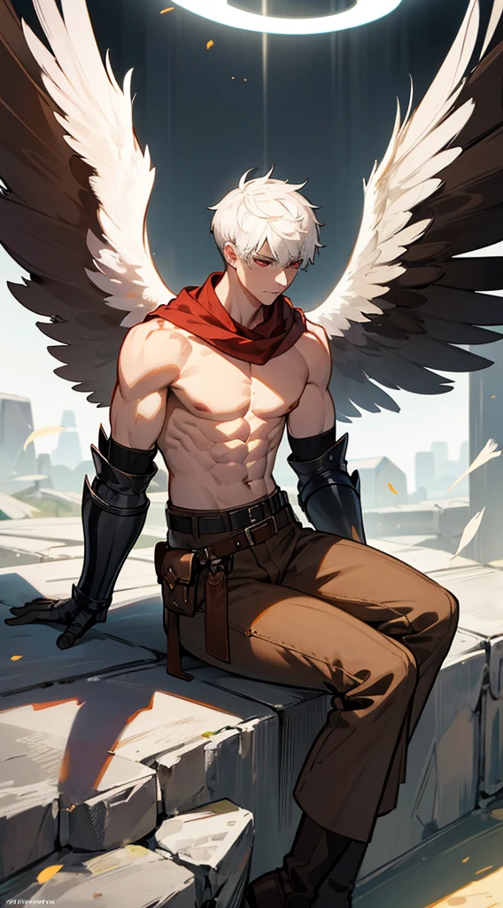 Highest accuracy,big muscular man,Large black wings,Flight attitude,Shirtless,Black and red flames on the body,Lower body erection,Lower body details,Thick pubic hair,Handsome face,Short white hair,Devil's horns on the head,The background is burning ruins,The background is rich in detail,Devil wind