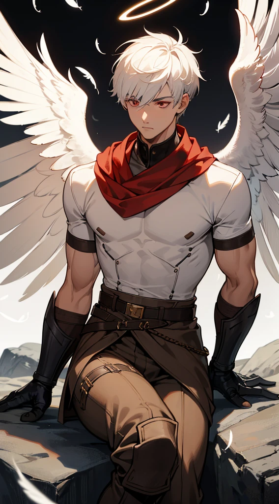 Handsome man, white hair, very short hair, ((crew cut: 1)), red eyes, fair skin, ((muscular: 1)), man, 28 years old, muscular, in good shape, pumped. no shirt, gold details, a brown leather shawl, baggy gray pants, black and brown belts, black boots, brown gloves, lots of belts, red halo, halo behind the head, flying feathers, falling feathers, black feathers, white feathers, light elemental power, shadow elemental power, six wings, sitting on a rock, an archangel, armor on his arms
