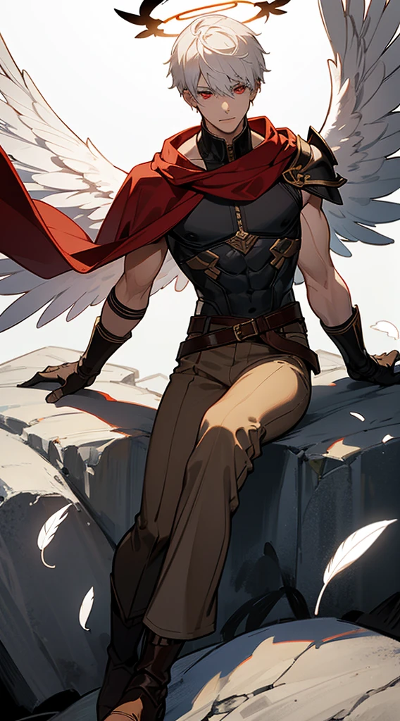 Handsome man, white hair, very short hair, ((crew cut: 1)), red eyes, fair skin, ((muscular: 1)), man, 28 years old, muscular, in good shape, pumped. , gold details, a brown leather shawl, baggy gray pants, black and brown belts, black boots, brown gloves, lots of belts, red halo, halo behind the head, flying feathers, falling feathers, black feathers, white feathers, light elemental power, shadow elemental power, six wings, sitting on a rock, an archangel, armor on his arms

￼



