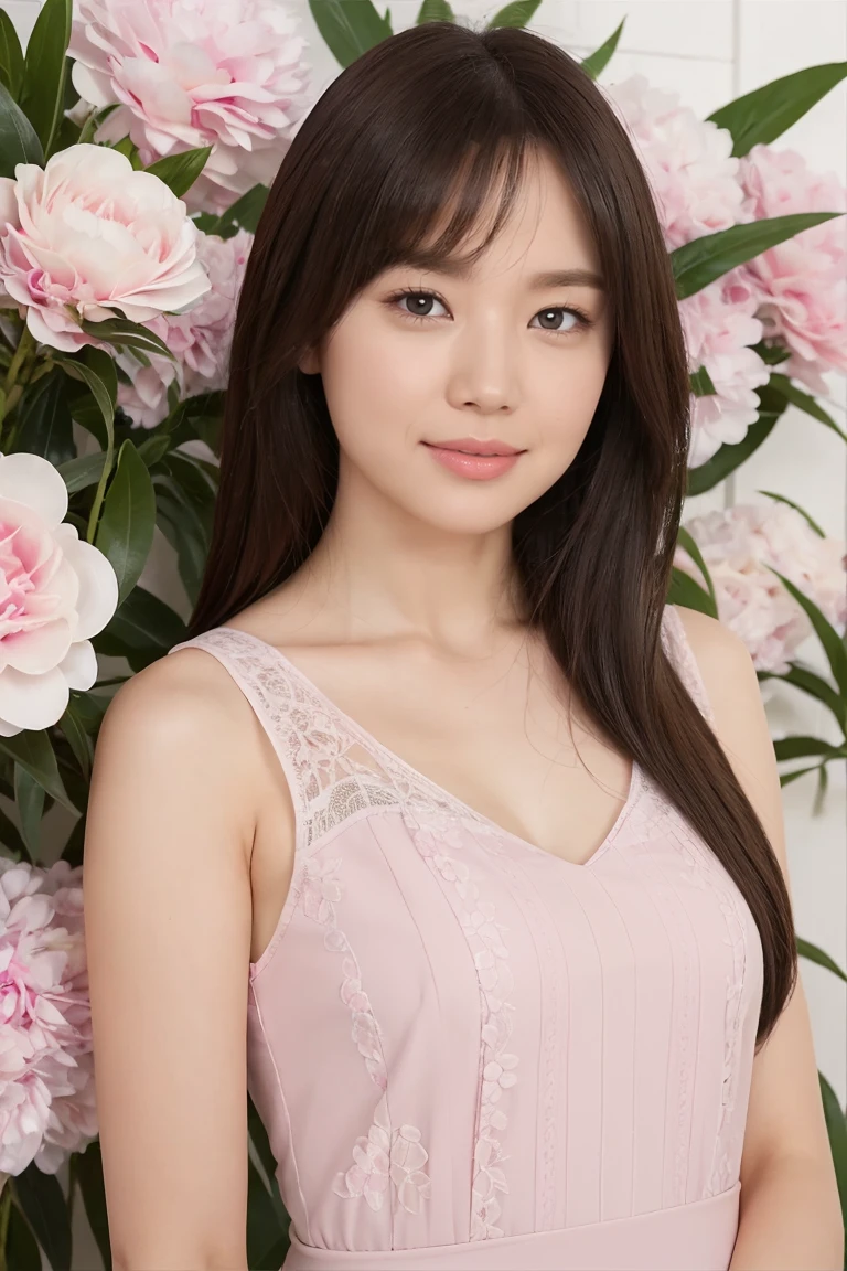 Medium Size Display, Medium Shot, Written boundary depth, bust, Upper Body, Movie angle, masterpiece, Highest quality, Very detailed, CG, 8k wallpaper, Beautiful Face, Delicate eyes, alone, smile, cute、Purple Dress、Floral Background、