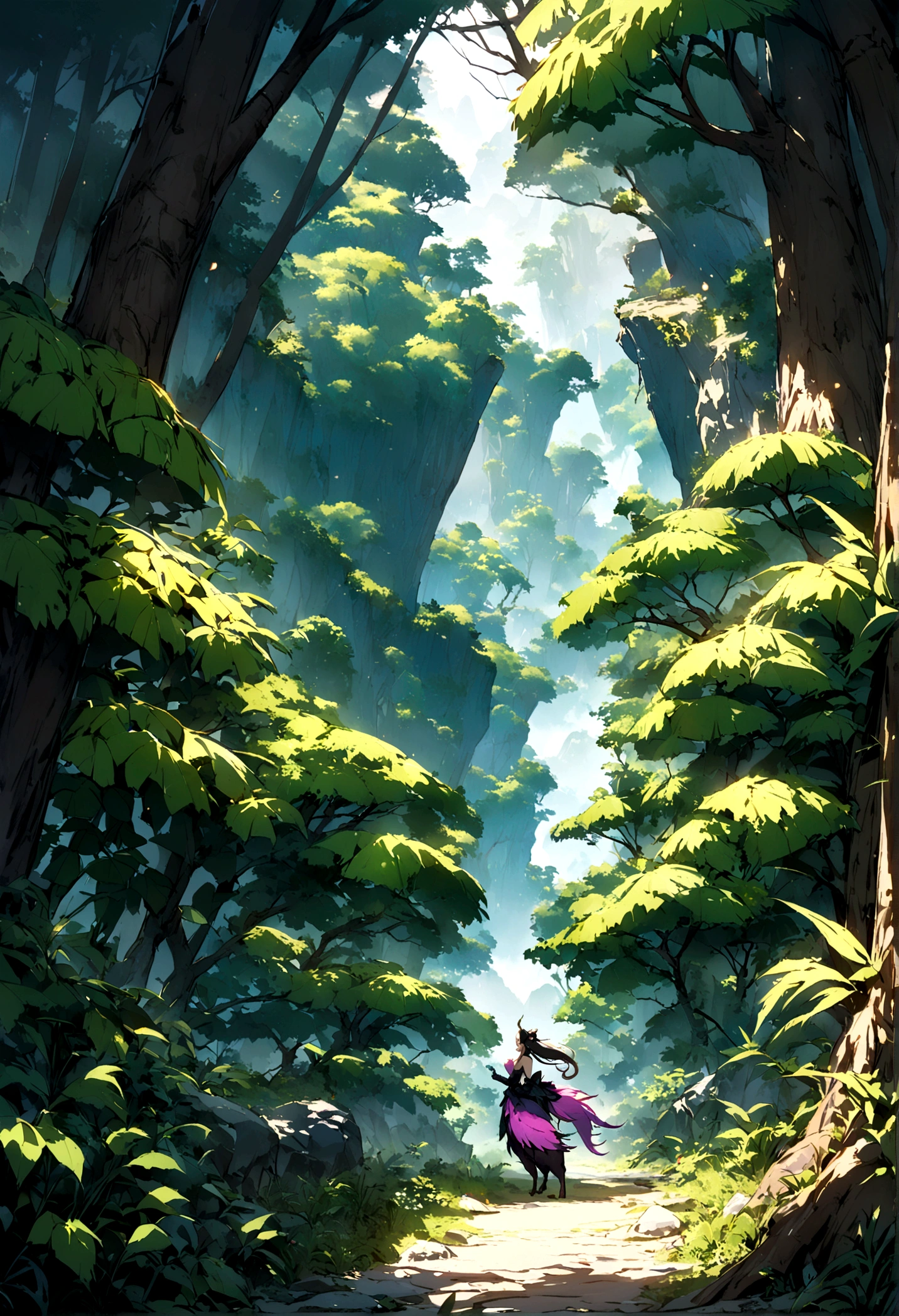 ((Small exotic beast running in the mountains))。Lots of glowing plants,Mysterious forest,Bird,Fog was raging,Star bright,Mysterious and dreamy,Chinese style,Immortal World,Xianxia World,((nobody)),bamboo forest,Pure Landscape