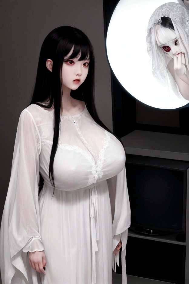 ghost girl, in a white nightgown, with long black hair, gray skin, with big breasts, with big legs, with big hips, coming out of a television,Terror fear,From the front, scary 