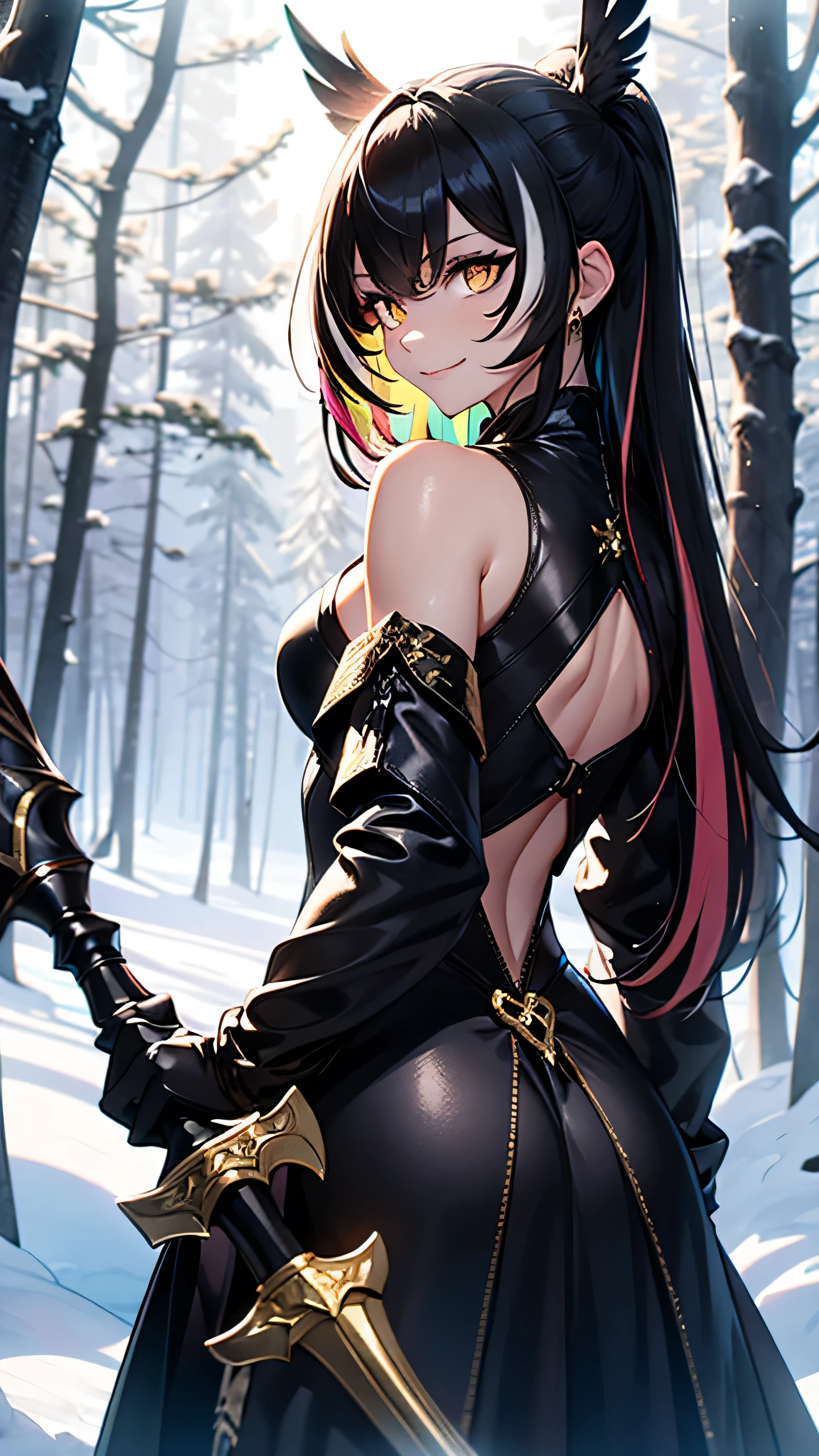 A young demigoddess of destruction, long black hair with rainbow highlights, golden eyes, smug smile, wearing an armored dress, standing atop a snowy mountain with a forest below, a large single black wing sprouting from her back, a battle axe in her hand, slightly narrowed eyes, arrogant expression, tanned skin visible, rainbow hair strands, facing the camera