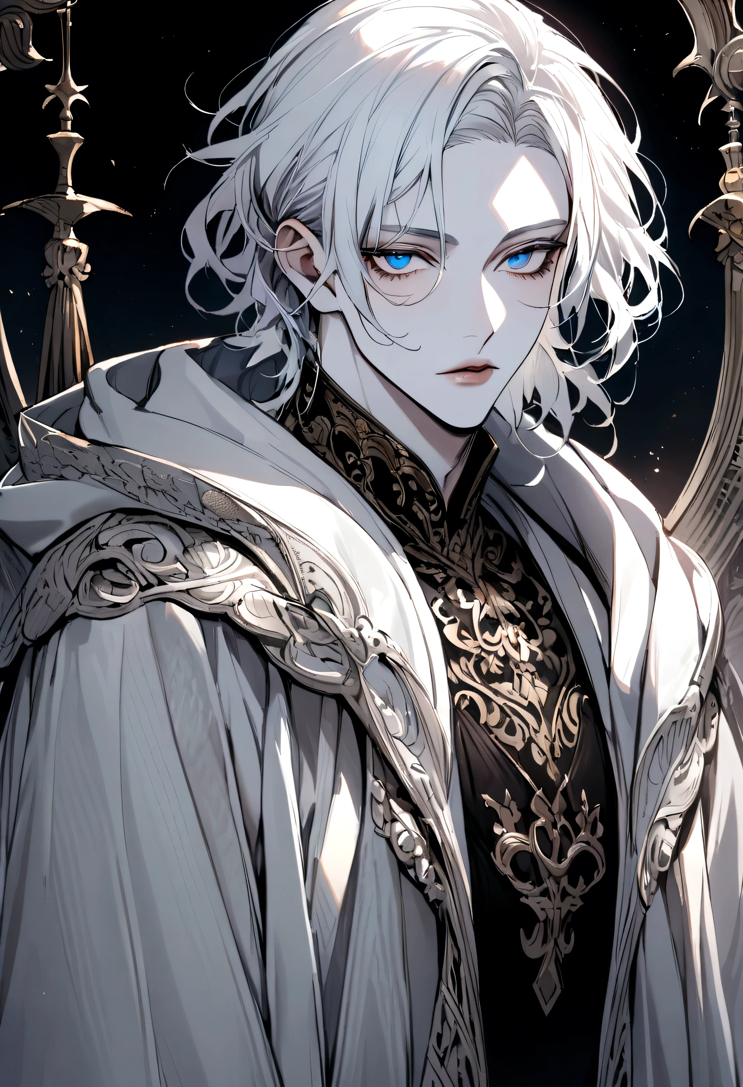 handsome man, white skin, thin lips, white hair, blue eyes, wearing a white hoodie