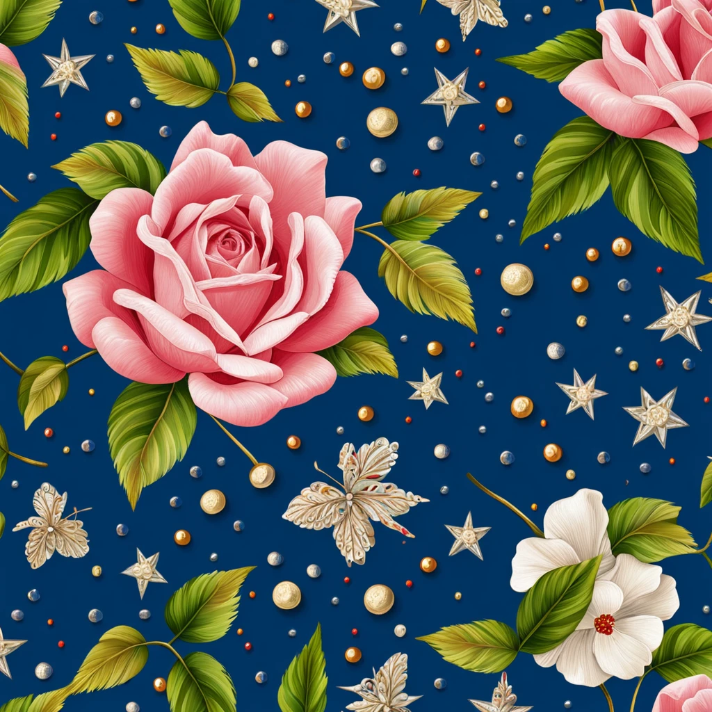 Seas of ((Colourful ROSE)) MILLION SMALL ((STARS)) In the (DARK BLUE BACKGROUND:3.0) — ocean breeze, sun-bleached driftwood, and a touch of salty sea air. ((GOLDEN stars)) colourful BERRIES, ((YELLOW SMALL STARS)) ROSEs, ((COLORFUL BUTTERFLY)), ((GREEN LEAFY FLORA)), (strawberry), BLUE rose, cherry || (embroidery) seamless pattern, fruit, butterfly, diamond, pearls, Best quality, masterpiece, ultra high res, (photo realistic:1.4), surrealism, dream-like, ((abstract art)), vector arts, ROSE, tulips, magnolia, lily rose ((FLOWER, DIAMOND, PEARLS)) a close up of a STARS pattern, STARS wallpaper, ornate STARS, STARS pattern, STARS explosion, STARS! intricate, STARS GEMS, ROSEs colourful, chinoiserie pattern, VECTOR wallpaper, STARS renewal, with colourful ROSE and plants, STARS dream, garden ROSEs pattern, STARS patterned skin, STARS design, STARS motives, boho STARS vines, (8k, RAW photo, best quality, masterpiece:1.2, Sharp image, vector)