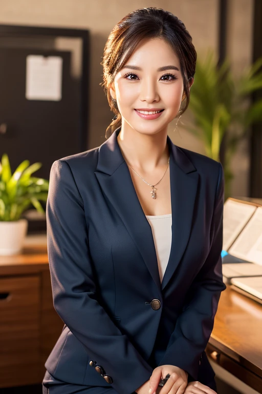 a gorgeous 42 year old busty indonesian woman, formal hijab suit with blazer, beautiful smile, boss, full body portrait,(best quality,4k,8k,highres,masterpiece:1.2),ultra-detailed,(realistic,photorealistic,photo-realistic:1.37),hyper detailed face,extremely detailed eyes and face,detailed makeup,long eyelashes,beautiful detailed lips,elegant pose,confident expression,warm lighting,cinematic angle,office interior background,high quality,intricate details