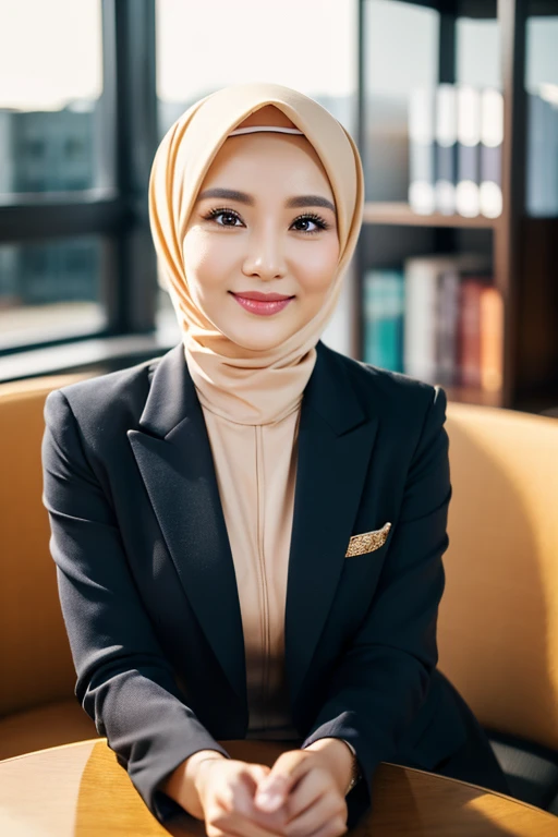 a gorgeous 42 year old busty indonesian woman, formal hijab suit with blazer, beautiful smile, boss, full body portrait,(best quality,4k,8k,highres,masterpiece:1.2),ultra-detailed,(realistic,photorealistic,photo-realistic:1.37),hyper detailed face,extremely detailed eyes and face,detailed makeup,long eyelashes,beautiful detailed lips,elegant pose,confident expression,warm lighting,cinematic angle,office interior background,high quality,intricate details