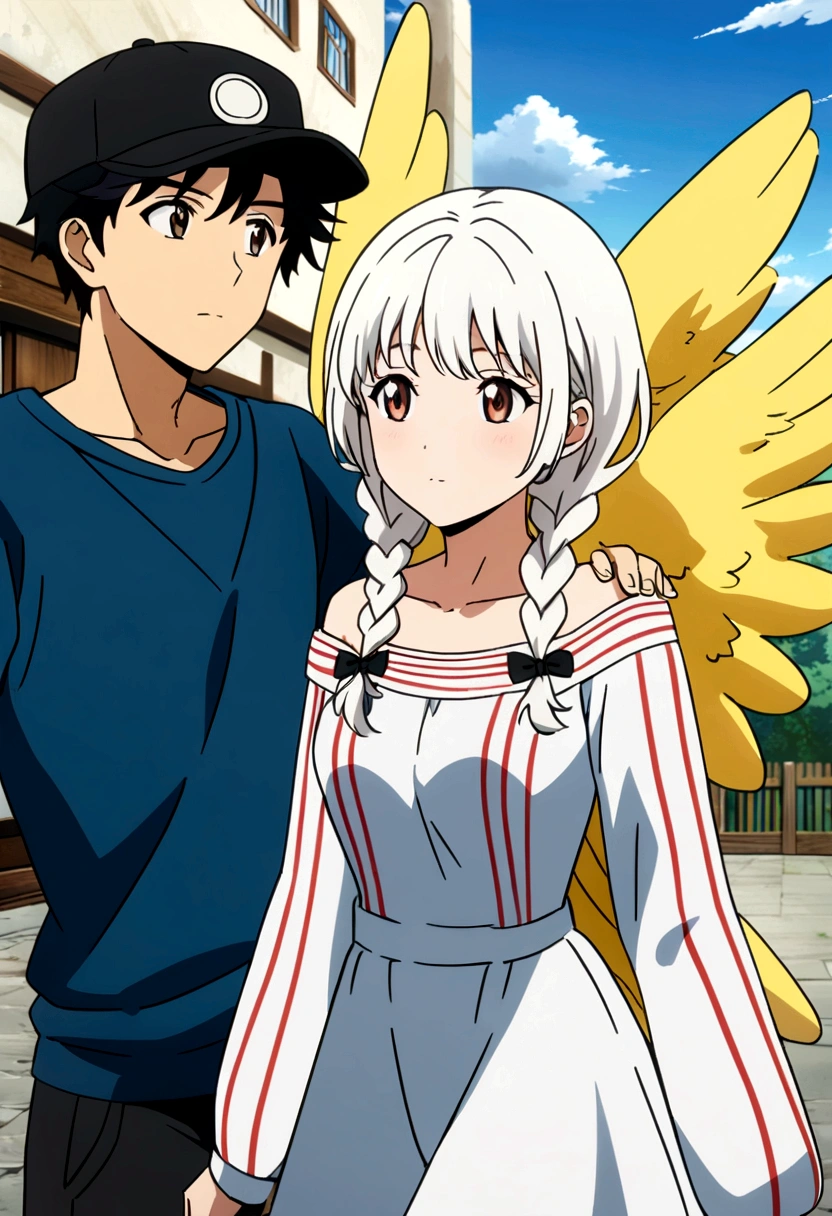 A couple, the girl with white hair, two braids, a white dress, dark eyes and the boy with black hair, cap, Brown eyes, yellow wings, blue sweatshirt with white stripes on the sleeves, anime style.