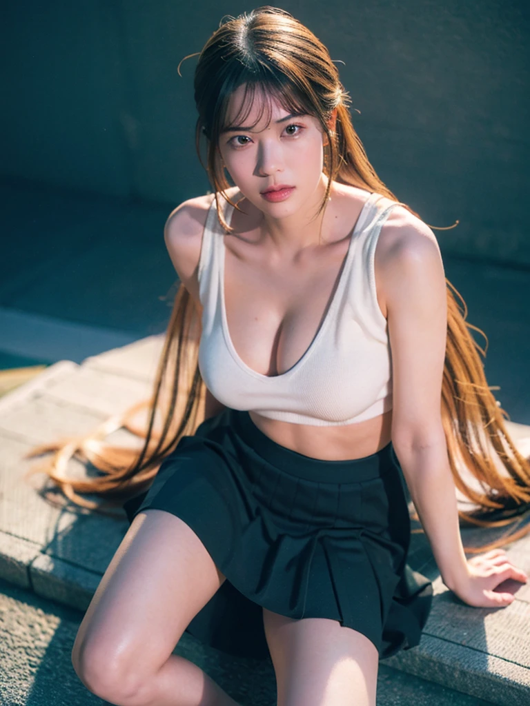 1girl, woman, masterpiece, best quality, highest quality, cinematic lighting, (volumetric lighting), extremely detailed CG unity 8k wallpaper, focused, 8k wallpaper, extremely detailed, ultra realistic, photorealistic, sharp focus, absurdres, (HDR:1.2), (high contrast), photograph, detailed and intricate, instagram, portrait, highly detailed, digital painting, artstation, concept art, smooth, sharp focus, illustration, cinematic lighting, (big breast:1.2), Show thigh, Skirt, Skirts should be shortened, Full body, Whole body, crossed legs, Beautiful Body. ((45 degree angle from above))