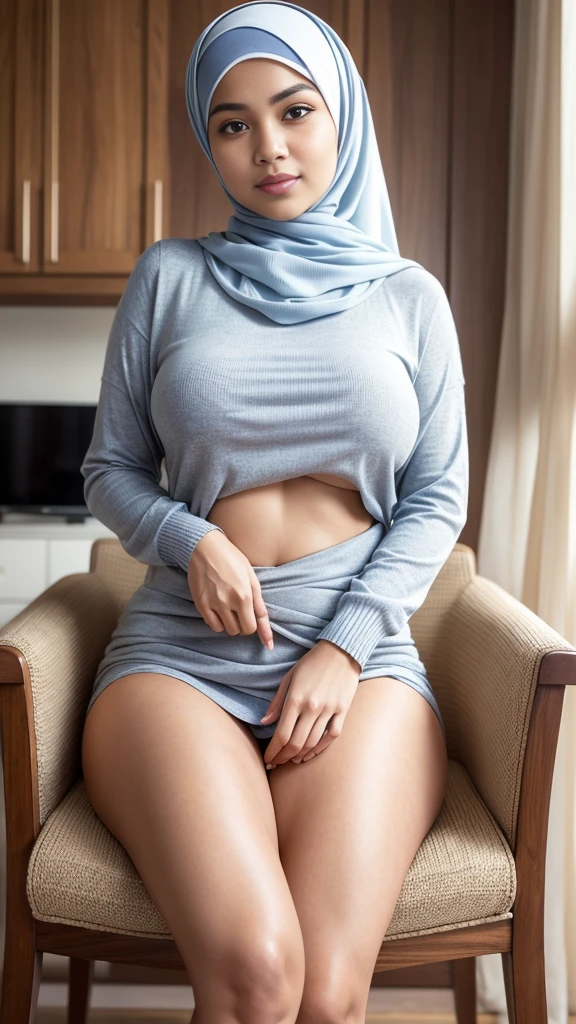 RAW, (Best quality, high resolution, work: 1.3), Beautiful Malay woman in hijab, plump body, naked, Big breasts, Beautiful big eyes, Soft smile, beautiful face, slightly open mouth, thick thighs, beautiful buttocks, , beautiful big eyes , gentle smile, beautiful girl, detailed face, Muslim woman sitting on a chair in a blue sweater and white skirt, nude, braless, wearing a long flowy fabric, casual pose, wearing casual clothes, very long pleated skirt, wearing casual clothing, white hijab , with a beautiful look Beautiful, perfect lighting, 8k