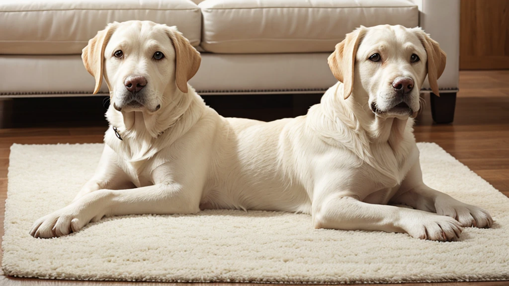 white labrador sits on a white rug