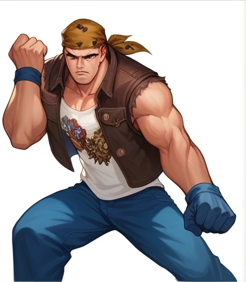 male character from king of fighters, as a character in tekken, macho pose, early 90s cg, duke nukem art style