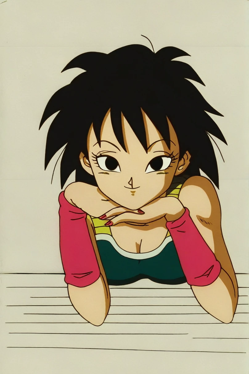 fountain_cheered up, score_9,score_8_above, score_7_above,  gineDb, cheered up screencap, 
1 girl, Alone, old, looking at the viewer, SMILE, short hair, simple background, black fur, neckline, bare shoulders, medium old, Closed mouth, aboveper body, retro artStyle, 1990s \(Style\), Gray background, black eyes, nails, hands above, bare arms, eyelashes, half closed eyes, happy, own hands together, spiky hair, pink bracelet, intertwined fingers, headrest, elbow rest, saiyajin armadura, green saiyajin armadura, Eyebrows, v-shaped Eyebrows, sexy ass, showing her ass to the viewer
 