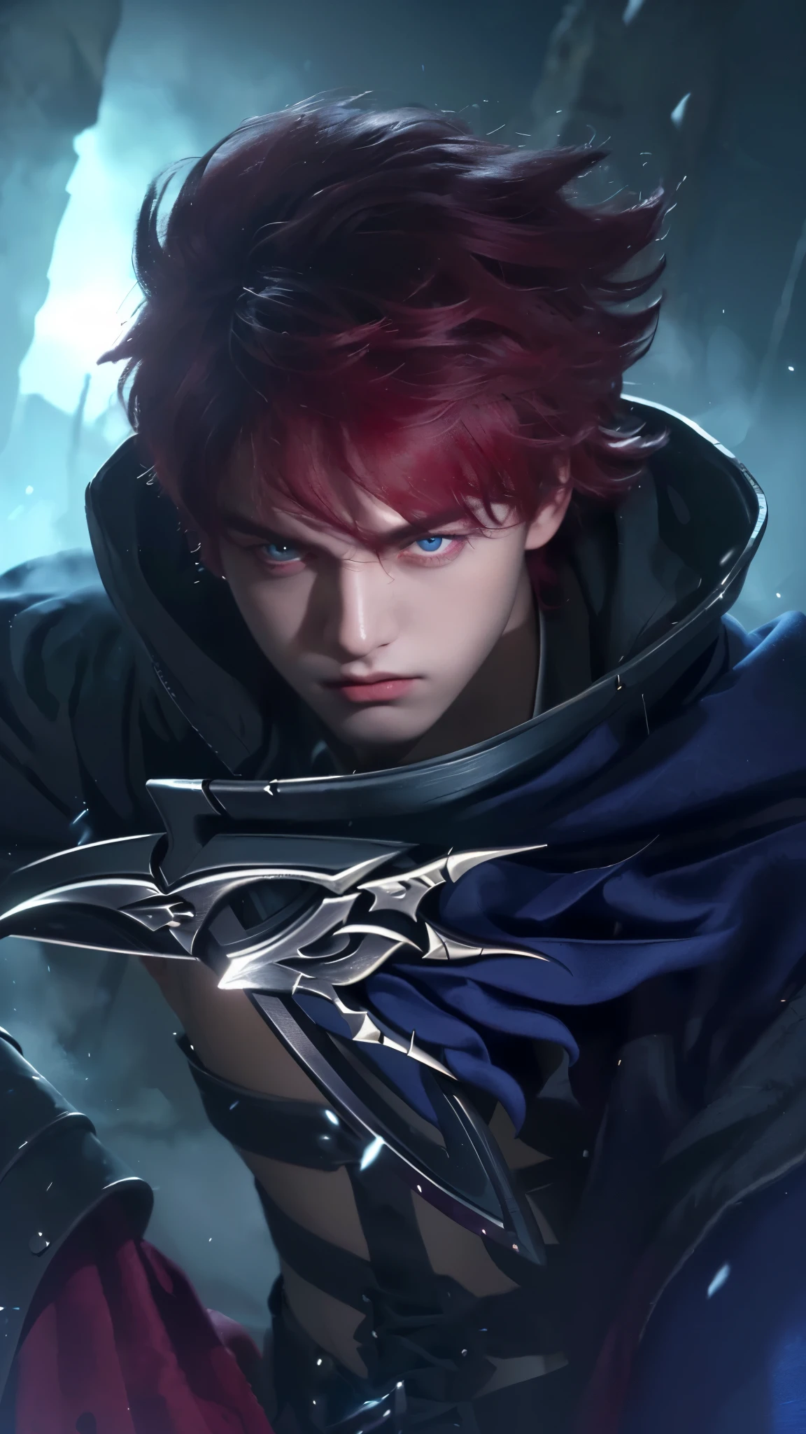 a close up portrait of a young boy with vibrant red hair holding a medieval sword, intense red eyes, sharp facial features, wearing dark robes, mystical glowing energy emanating from his hands, dark moody lighting, fantasy concept art, highly detailed, cinematic, dramatic lighting, moody, realistic, photorealistic, 8k, masterpiece