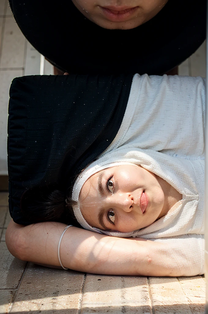 arafed woman mopping public school floor, kneeling on the floor with a black object in her hand, dressed in a white t shirt, wearing a white hospital gown, stood in a lab, at the hospital in patient gown, wet shirt, clothed in white shirt, 2 4 year old female model, in white clothes, close body shot, wearing a wet white short dress