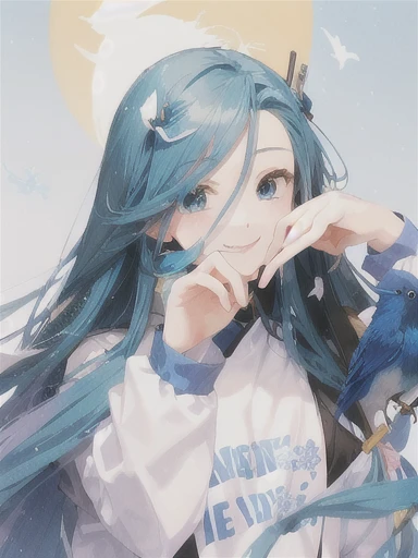 there are anime with long hair and a blue bird on his head, with accurate faces, with friendly faces, fried smiles, non blurry, slightly sweet smiles, selfie photos, full portraits
