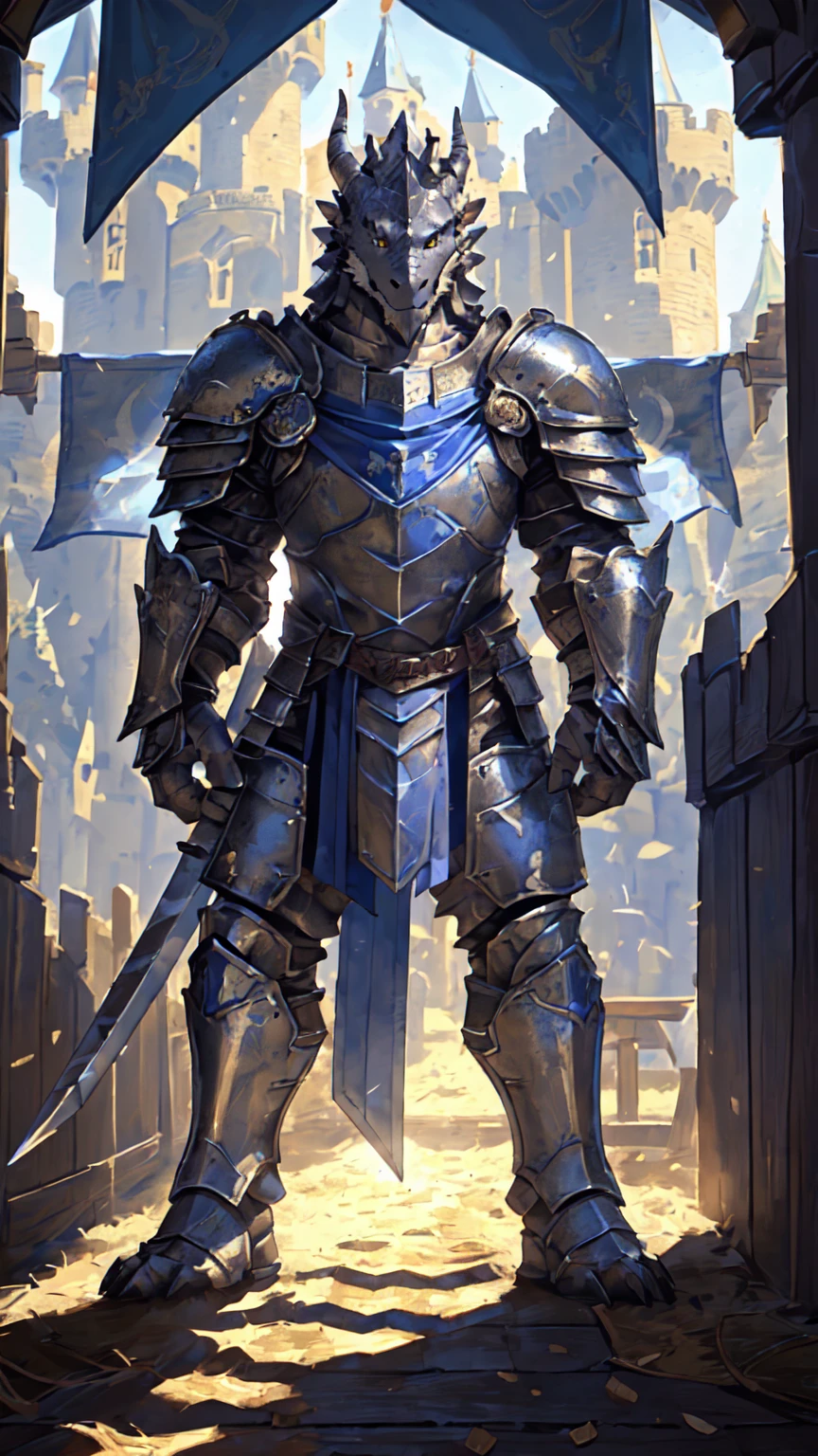 ((middle Ages:1.6,Castle Background:1.5)),((Crusu:1.6)),Sunlight,high resolution,4K,gay,(((whole body:1.1))),(Fighting Stance),masterpiece,high quality,Calm and calm,((dragon)),male,dragonFurry,(teenager:1.3),hairy,((Stable,Handsome face:1.4)),((peaceful)),((Holding a long sword:1.3)),(((strong:1.4,Long legs:1.3,粗壮dragon尾:1.2))),(((Gray head:1.2,Golden pupils:1.2,White neck:1.3,Gray back of hand:1.4,White muscles:1.3))),(((White Armor:1.3,Armor has a blue banner:1.4))),Mature face,Exquisite eyes,Detailed body,Detailed hands,Detailed feet,Kenket's style