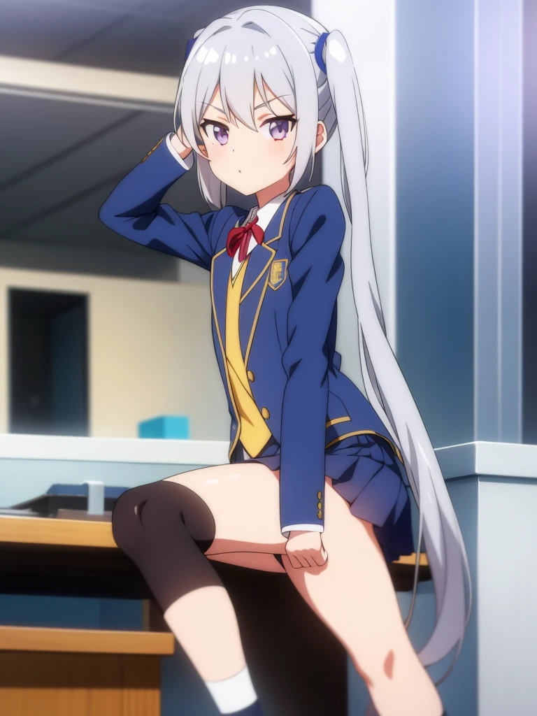 1girl, anime girl, silver hair, long twintails, silver eyes, school suit, anime screencap