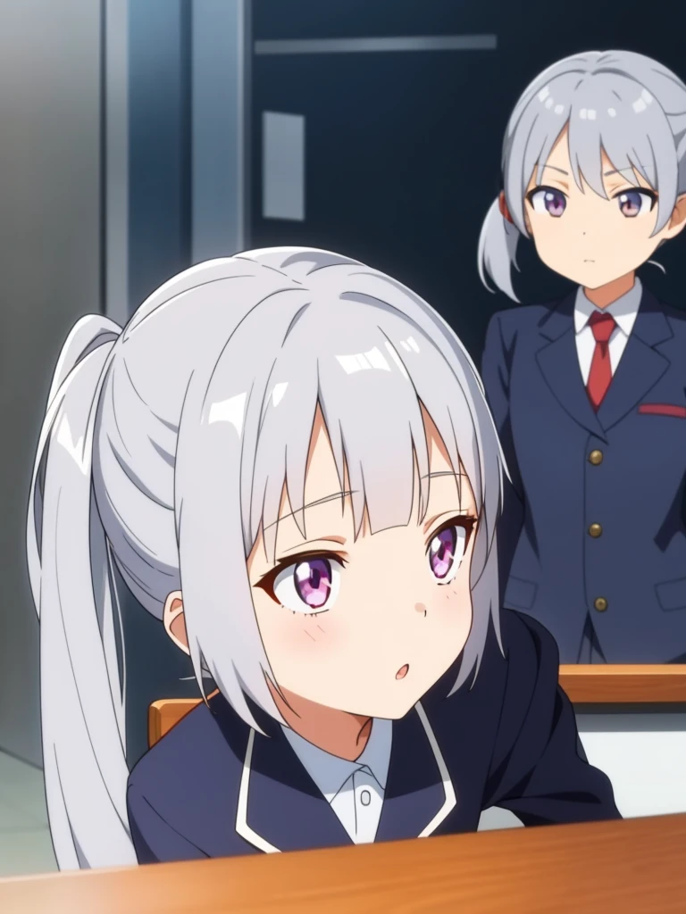 1girl, anime girl, silver hair, long twintails, silver eyes, school suit, anime screencap