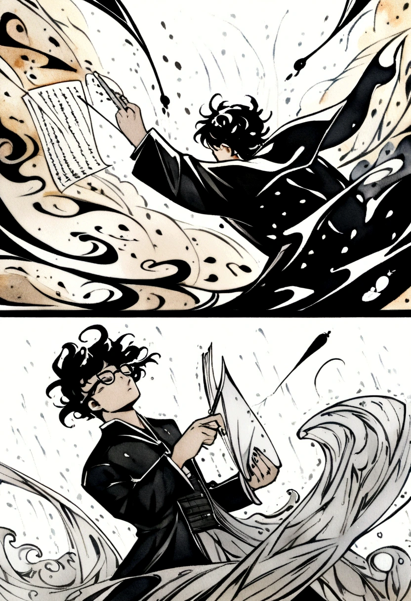 ink art style, black and white, abstract, watercolor painting style, blurs, drawing of a young man, artist man, elegant old clothes, writer man, desperate man ,stressed, rampant, writing with ink, very inspired man, unkempt black hair, glasses, epic , poderes de tinta y writing, rage, strong wind clothes with the wind, rain , black and white, epic, exaggerated pose, sheets of paper flying ,inspiration, wildness , writing , letters