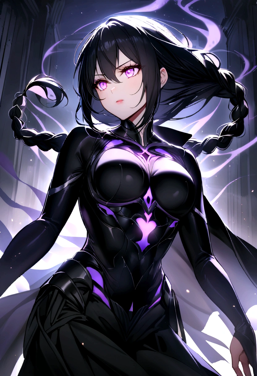 Female who has an ethereal presence that commands attention. Her striking violet eyes hold a piercing gaze, reflecting her deep intellect and cold determination. Long, raven-black hair cascades down her back, often tied in intricate braids or left to flow freely. Her lithe, athletic build is accentuated by a flowing dark armor that melds with her movements, designed to provide both protection and the freedom to execute her deadly martial arts techniques.